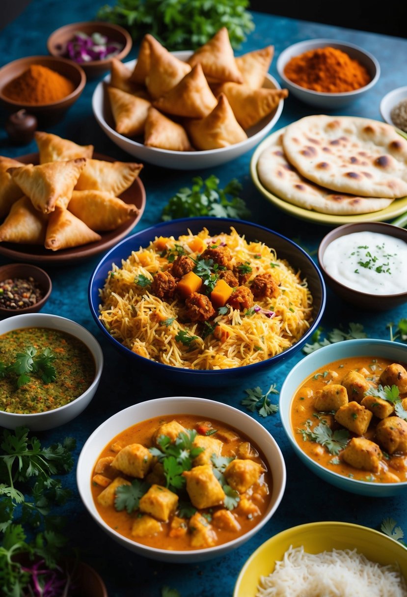 A table filled with colorful dishes, including samosas, biryani, and naan bread, surrounded by vibrant spices and herbs