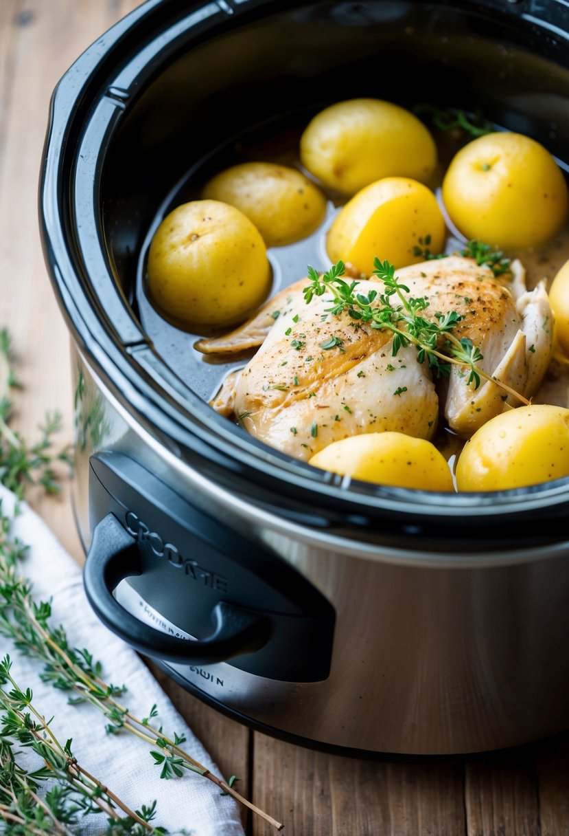 A crockpot filled with lemon thyme chicken and Yukon Gold potatoes simmering in a savory broth