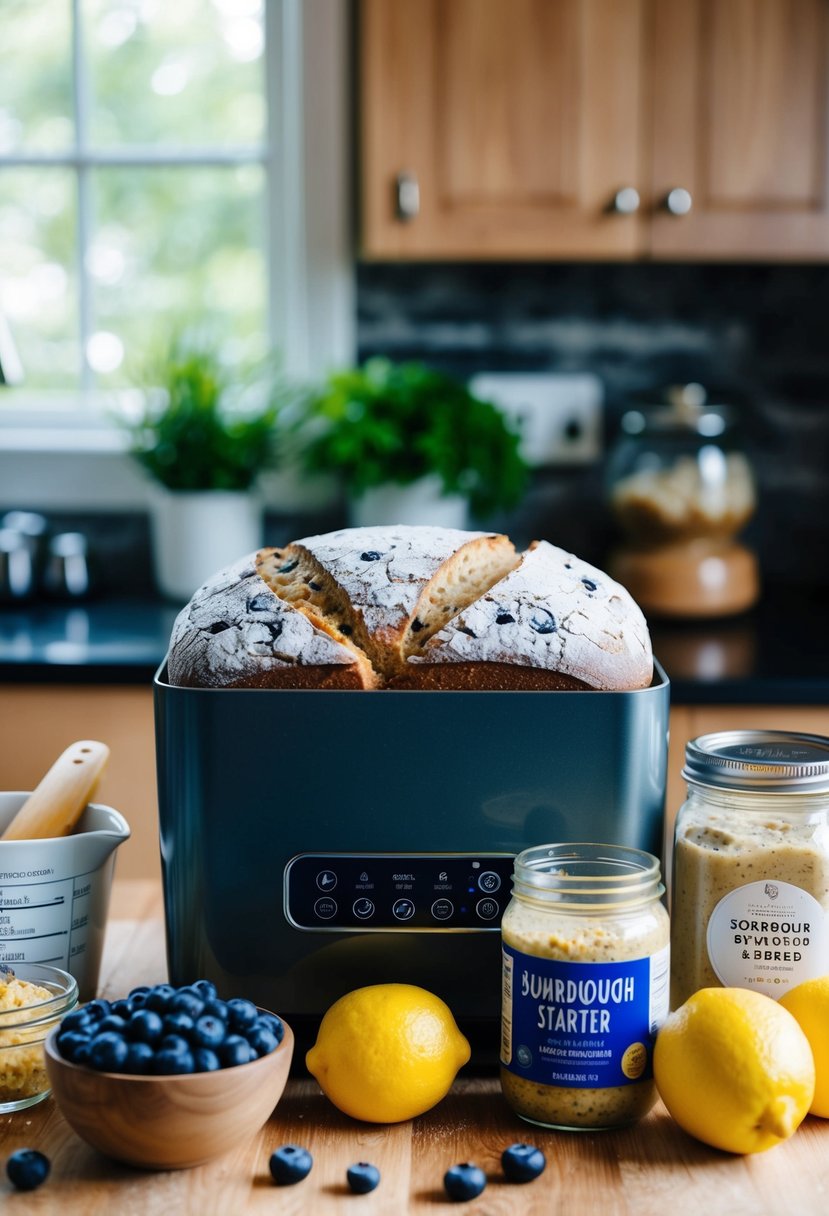 A loaf of blueberry lemon sourdough bread rises in a bread machine, surrounded by ingredients and a jar of sourdough starter discard