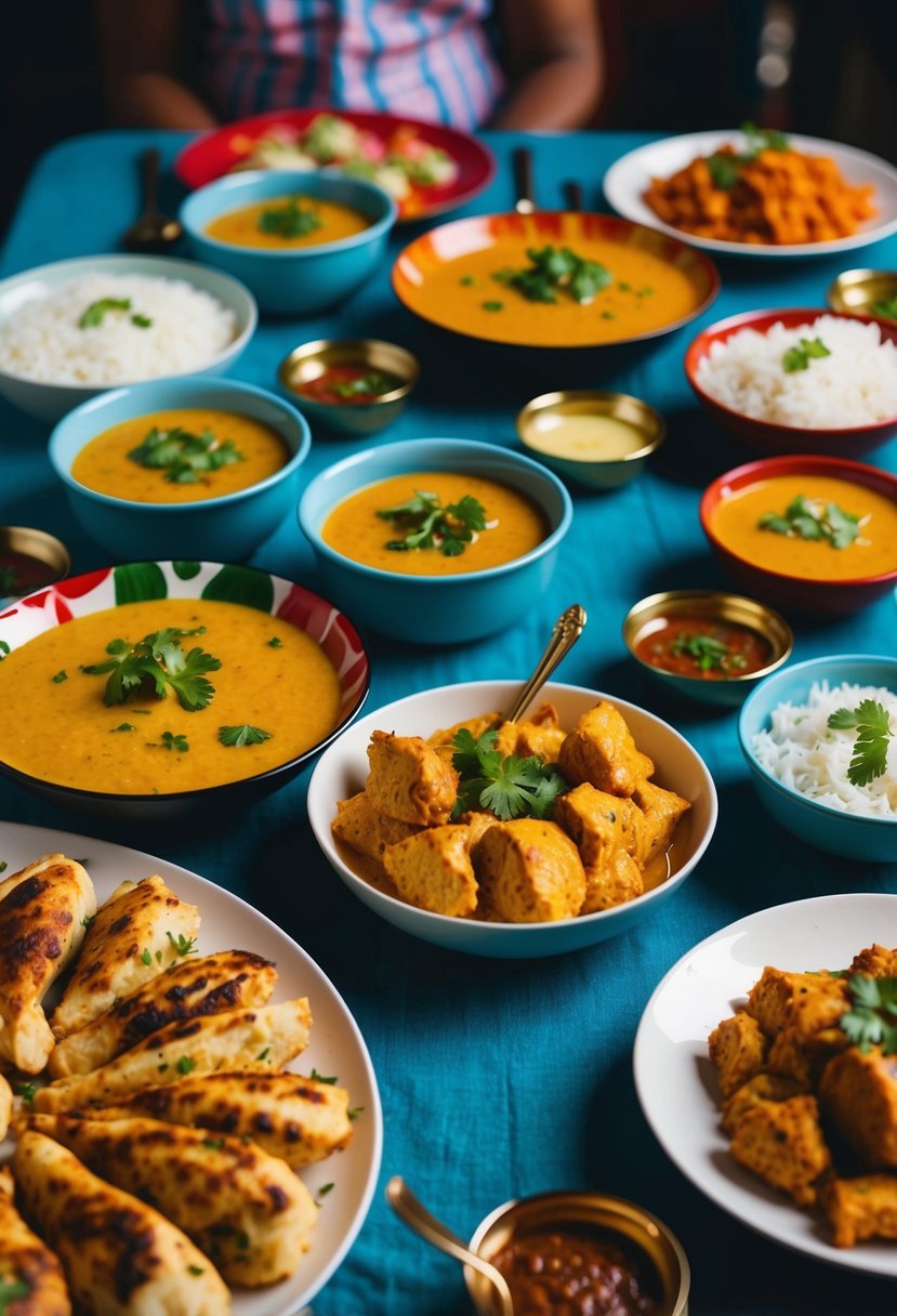 A table spread with colorful dishes of butter chicken and various Indian potluck recipes