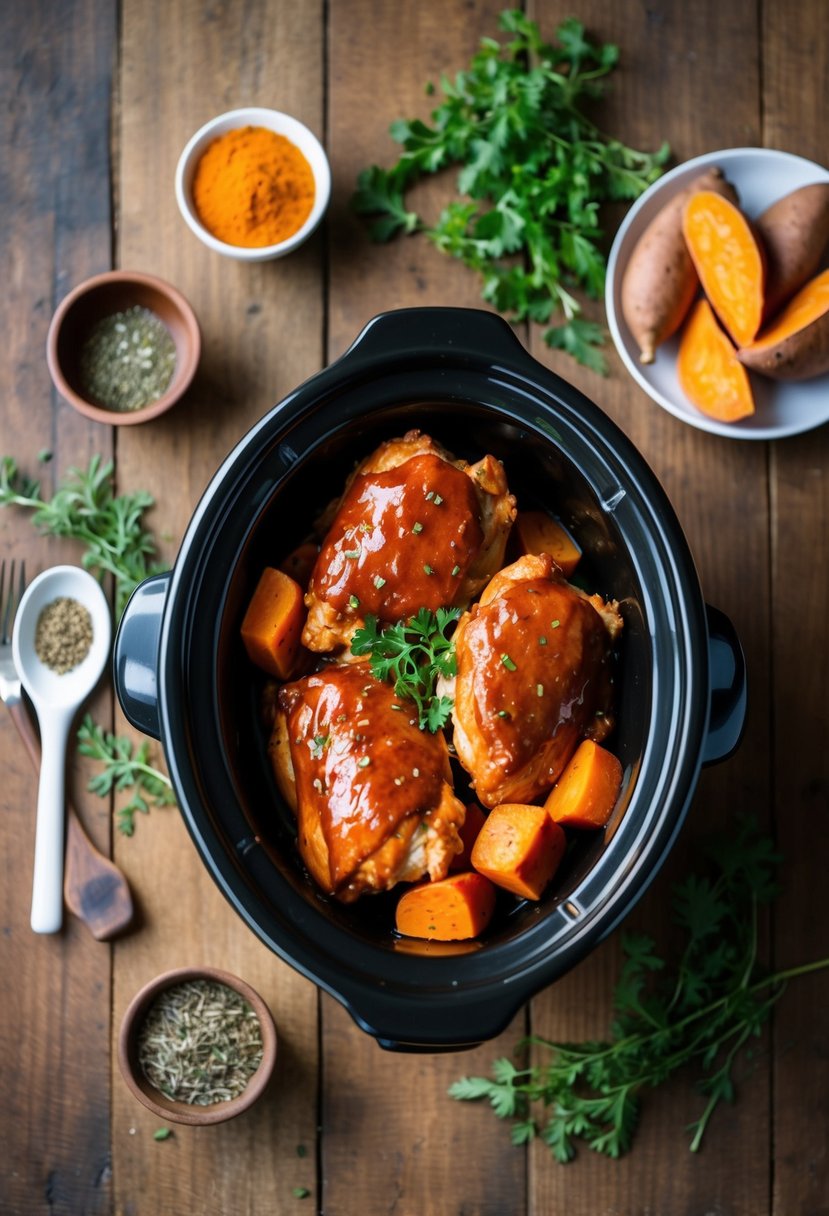 A crockpot filled with tender BBQ chicken and sweet potatoes, surrounded by aromatic herbs and spices