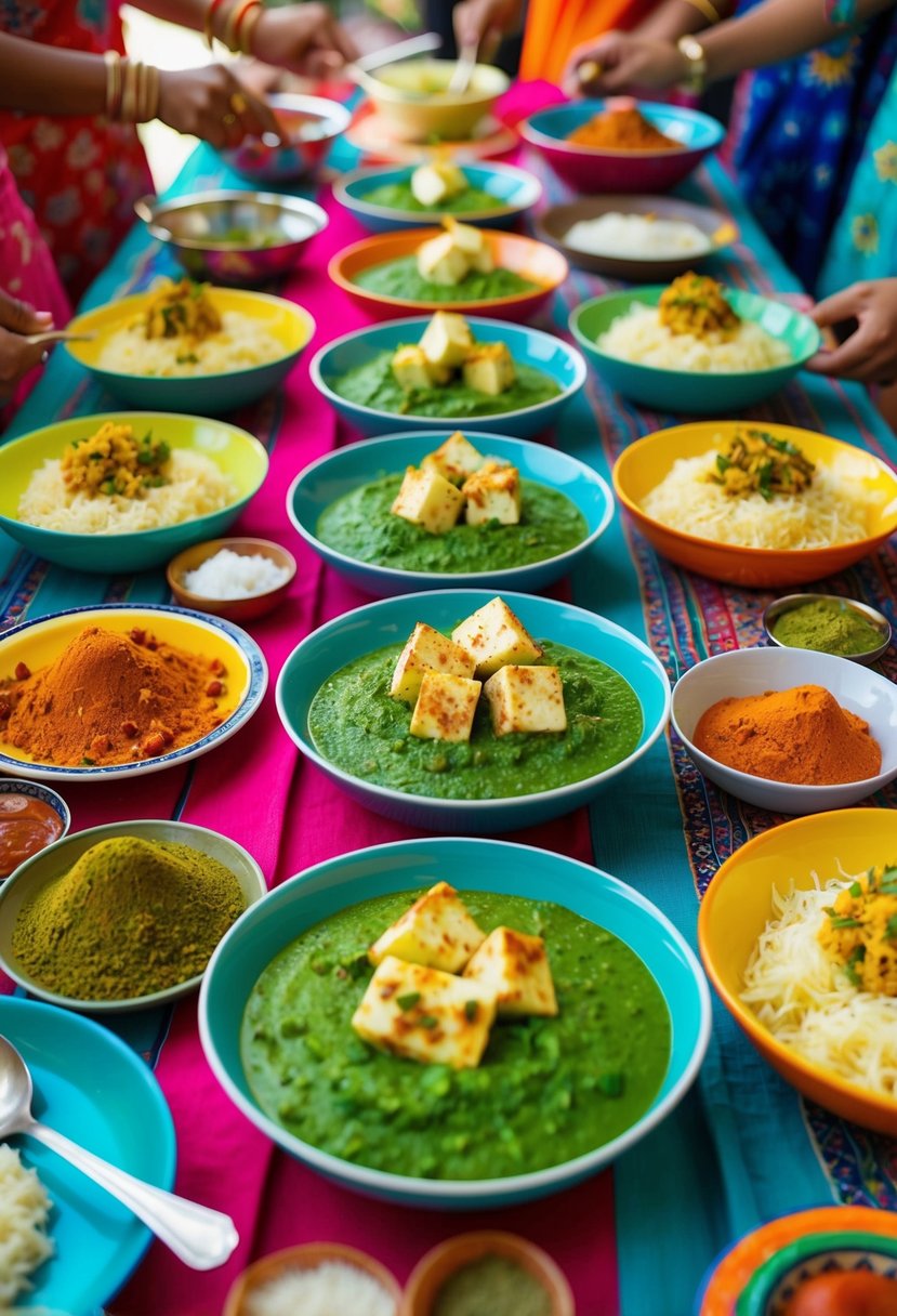 A table set with colorful dishes of Palak Paneer surrounded by Indian spices and ingredients at a vibrant potluck gathering