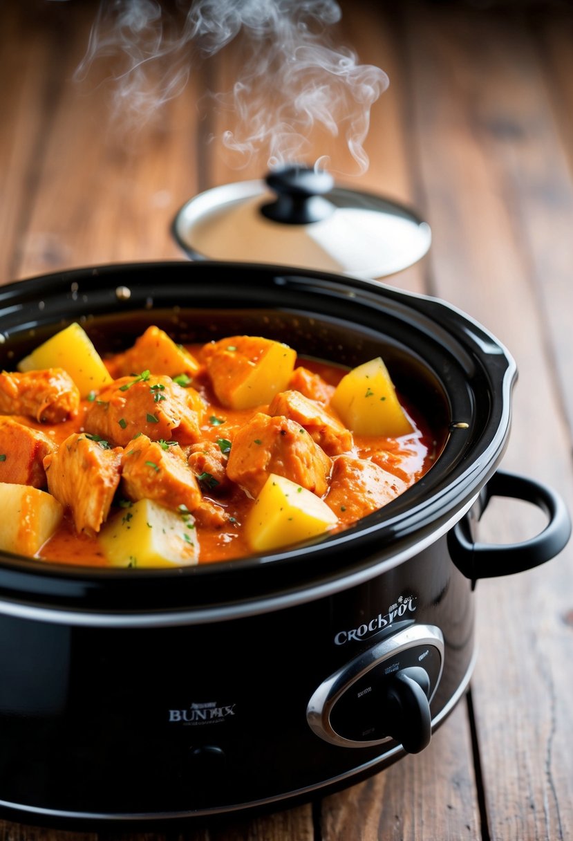 A bubbling crockpot filled with tender chunks of chicken and potatoes, coated in a spicy buffalo sauce, emitting a mouthwatering aroma