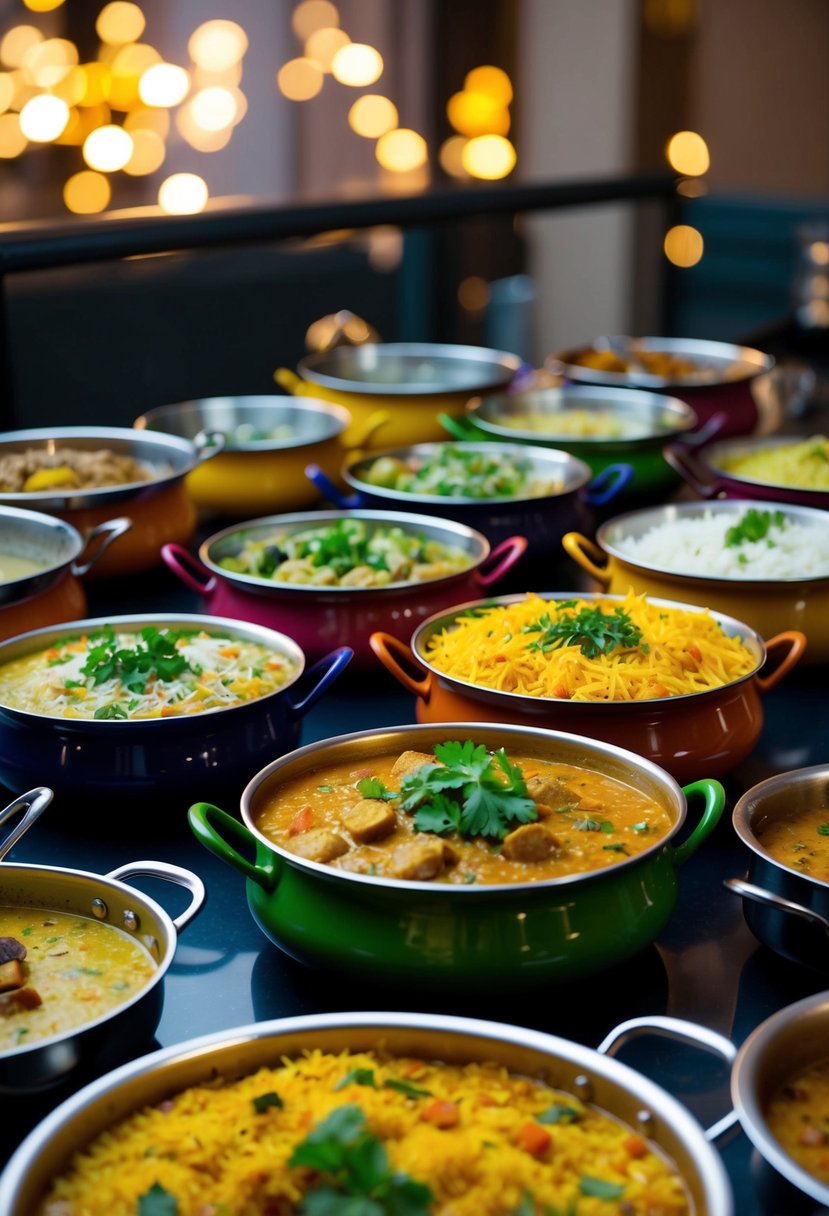 A table filled with colorful pots and pans, each containing a different type of aromatic and flavorful biryani dish