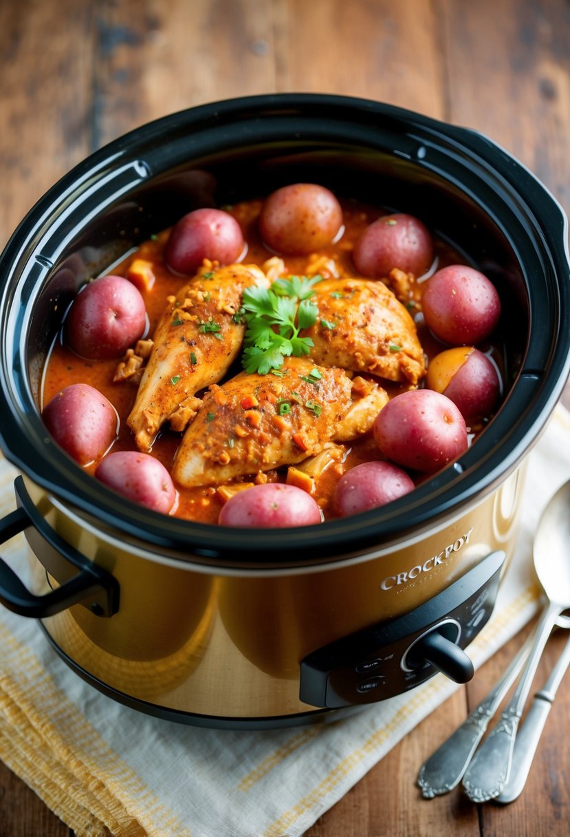 A crockpot filled with Cajun chicken and red potatoes simmering in a flavorful sauce