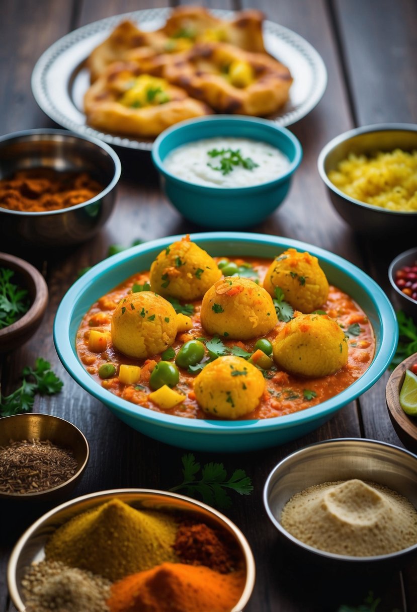 A table set with colorful Chole Bhature, surrounded by Indian spices and ingredients