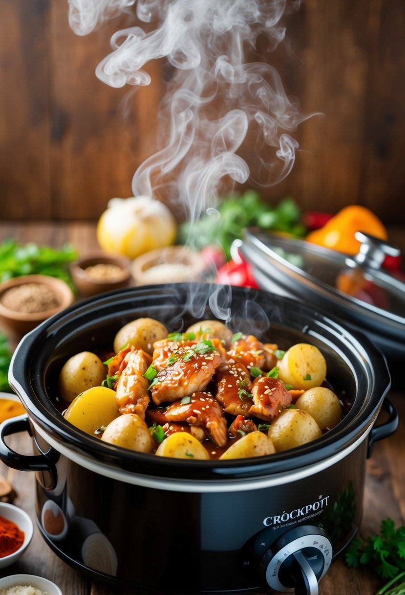 A crockpot filled with tender teriyaki chicken and potatoes, steam rising, surrounded by colorful ingredients and spices