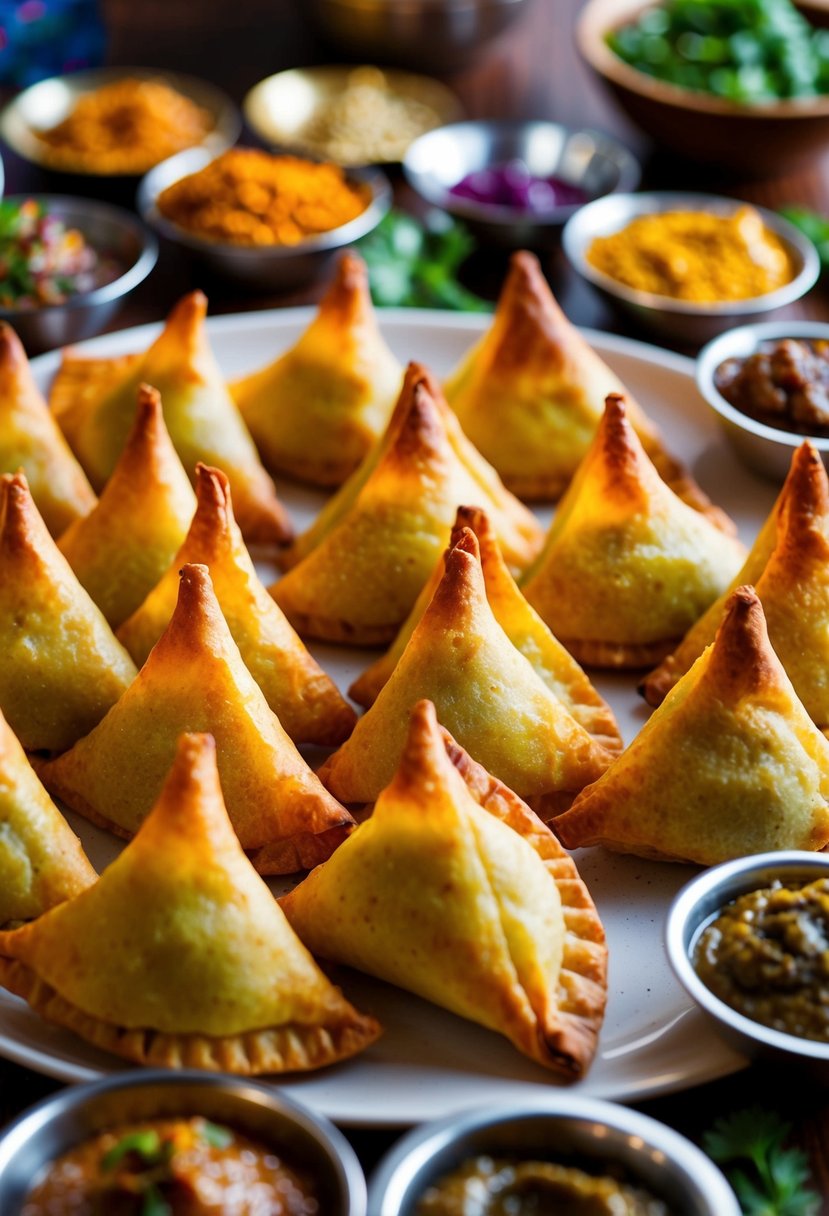 A table filled with golden, crispy samosas surrounded by colorful chutneys and spices at an Indian potluck