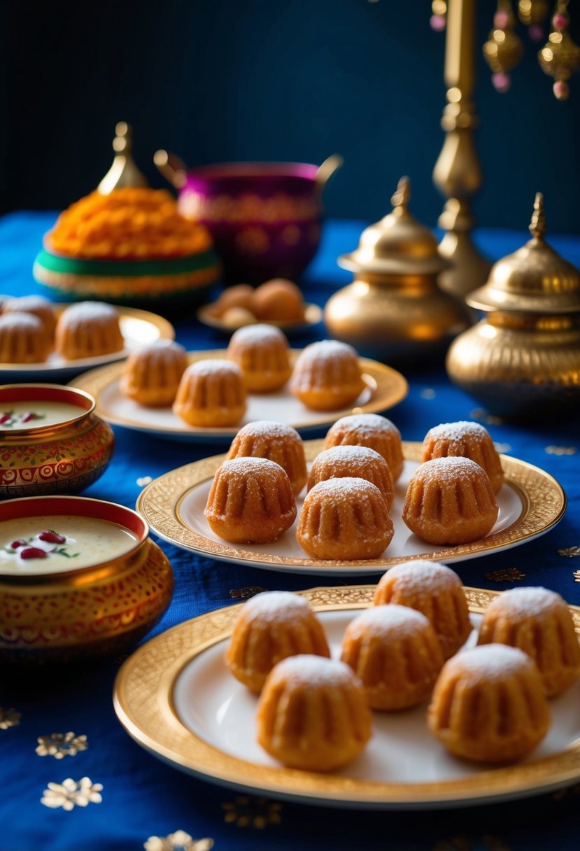 A table set with assorted Gulab Jamun desserts and traditional Indian decor for a potluck