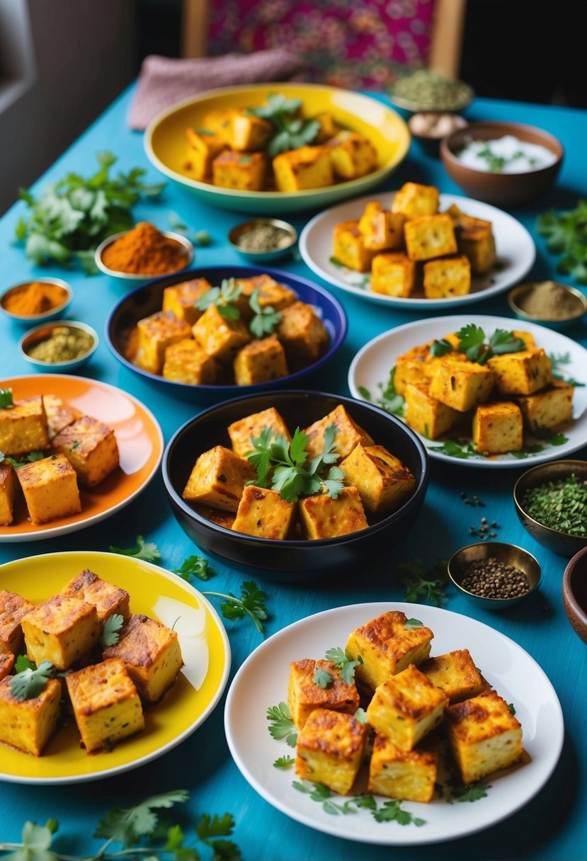 A table spread with colorful dishes of Paneer Tikka surrounded by Indian spices and herbs