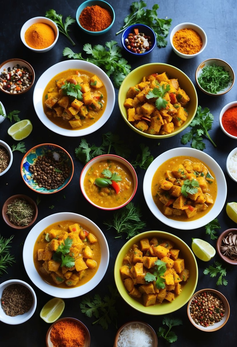 A table spread with colorful dishes of Aloo Gobi surrounded by vibrant spices and herbs