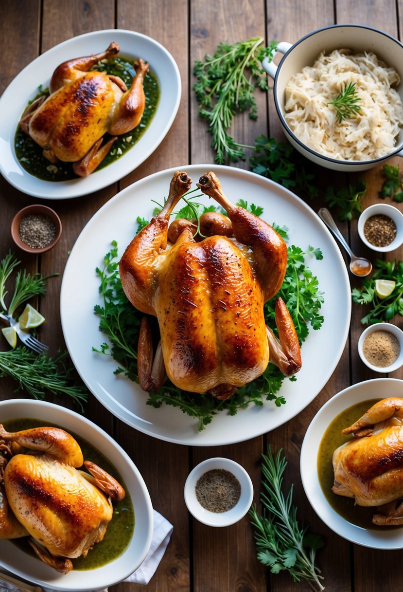 A table set with various dishes made from rotisserie chicken, surrounded by fresh herbs and spices