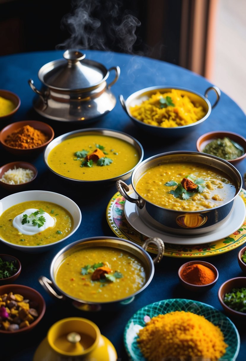 A table set with various Indian dishes, including a steaming pot of Dal Makhani, surrounded by colorful spices and ingredients