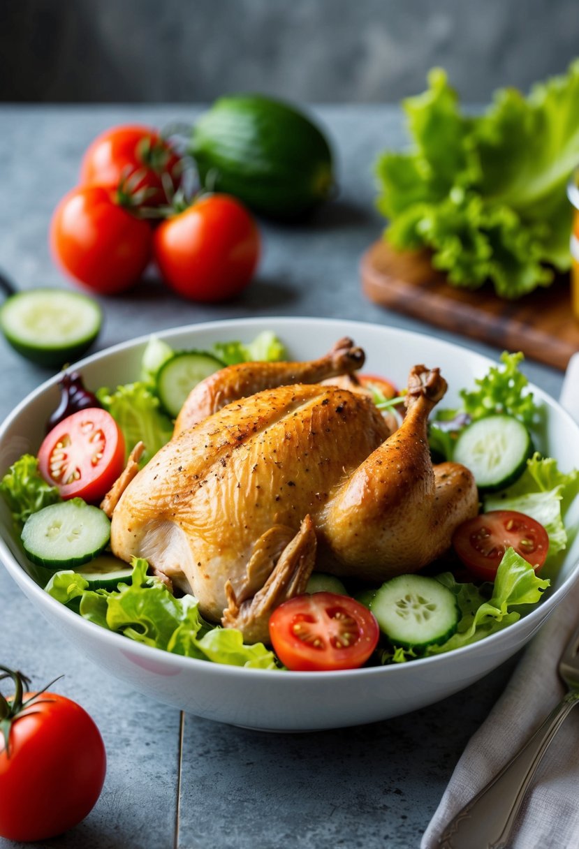 A bowl of classic chicken salad with rotisserie chicken, surrounded by fresh lettuce, tomatoes, and sliced cucumbers