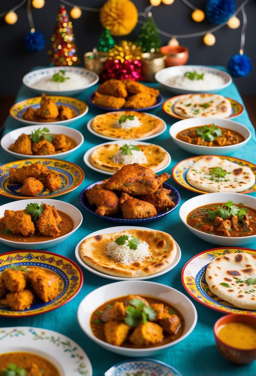 A table set with colorful dishes of tandoori chicken, naan bread, and various Indian potluck recipes, surrounded by festive decorations