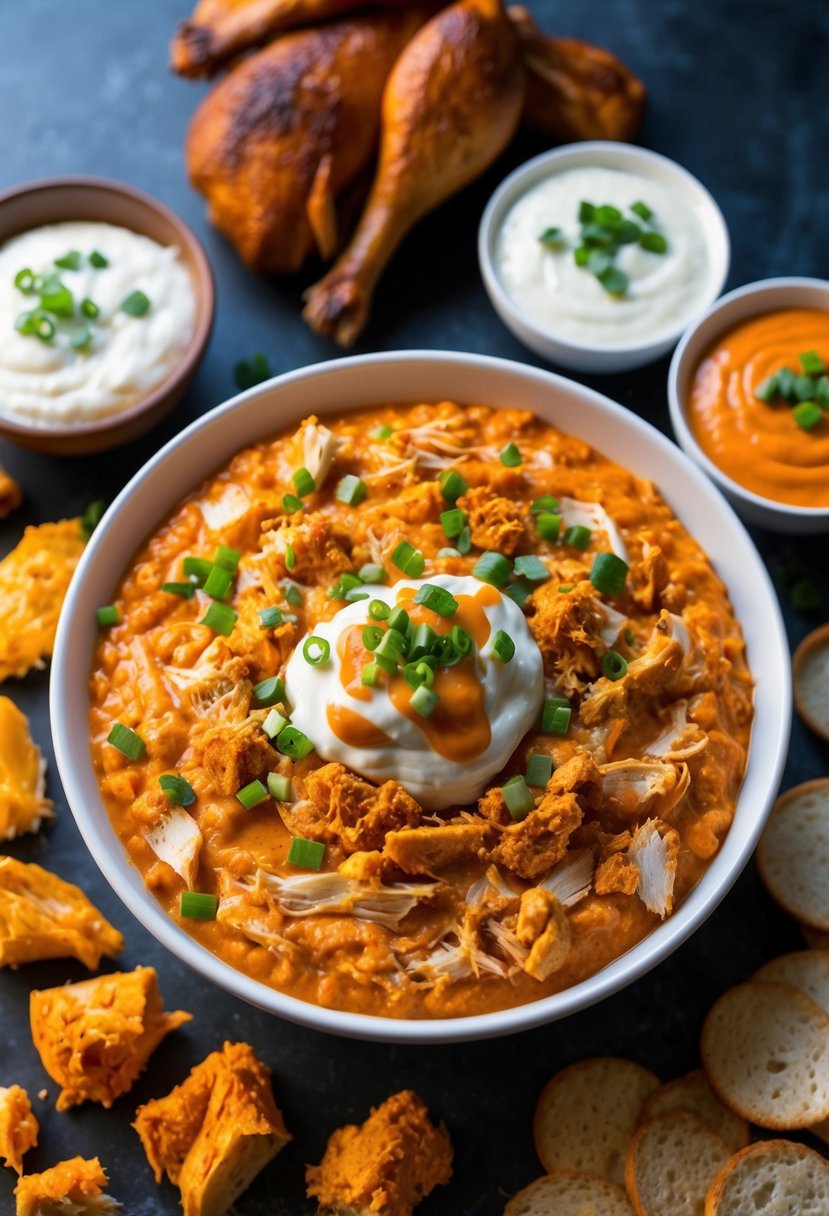 A bowl of bubbling buffalo chicken dip surrounded by pieces of rotisserie chicken and a variety of dipping options