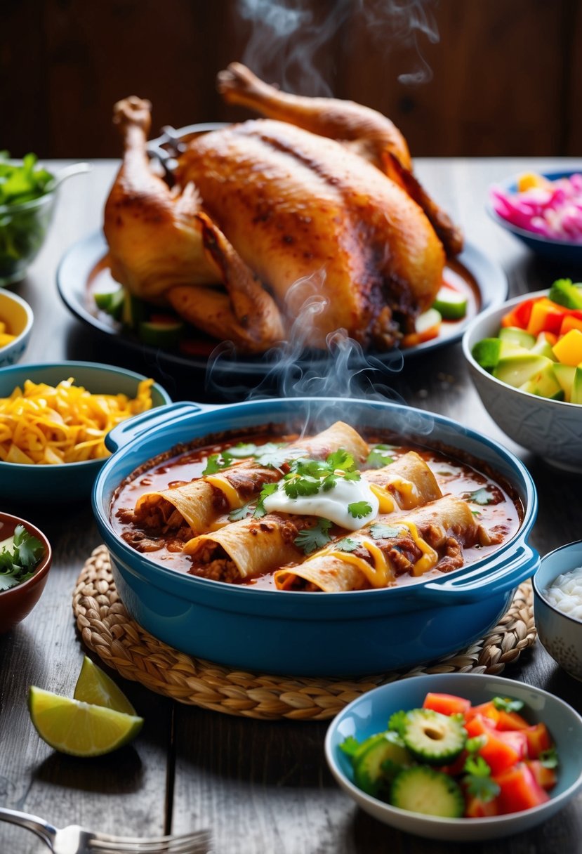 A table set with a steaming dish of chicken enchiladas, surrounded by colorful ingredients and a rotisserie chicken