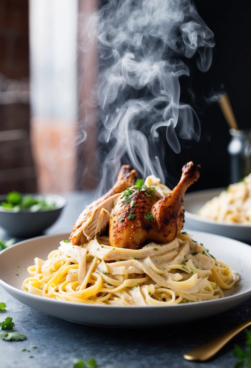 A steaming plate of creamy Chicken Alfredo Pasta, topped with succulent rotisserie chicken and garnished with fresh herbs