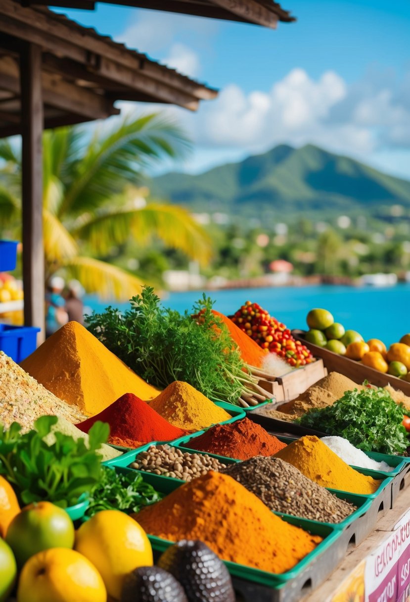 A vibrant market stall with colorful spices, fresh herbs, and exotic fruits, set against the backdrop of a tropical Jamaican landscape