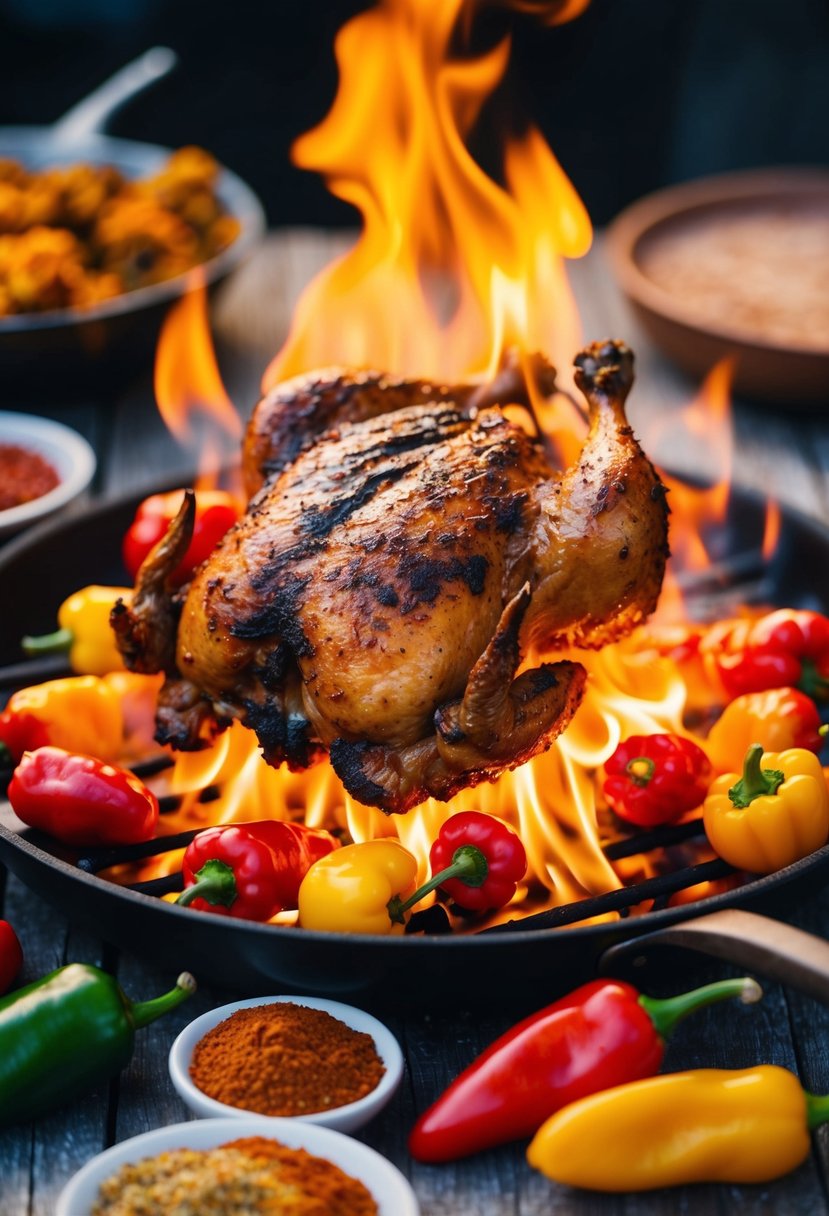 A sizzling jerk chicken cooks over an open flame, surrounded by vibrant Scotch Bonnet peppers and traditional Jamaican spices