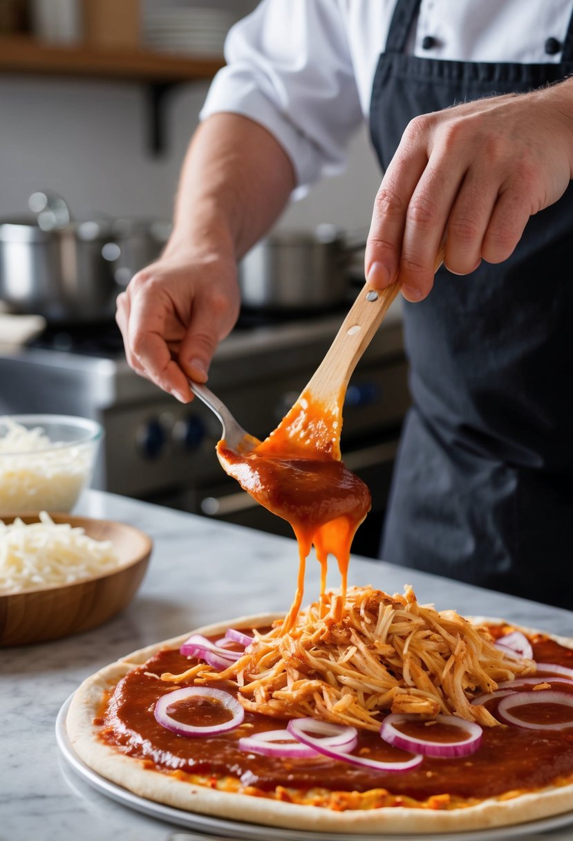 A chef spreads BBQ sauce on a pizza crust, then layers with shredded rotisserie chicken, red onions, and mozzarella cheese before baking