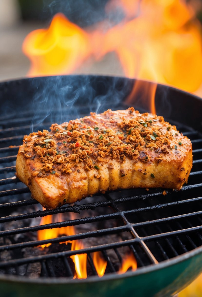 A sizzling pork tenderloin covered in Jamaican jerk seasoning cooks on a smoking hot grill. The aroma of spices fills the air