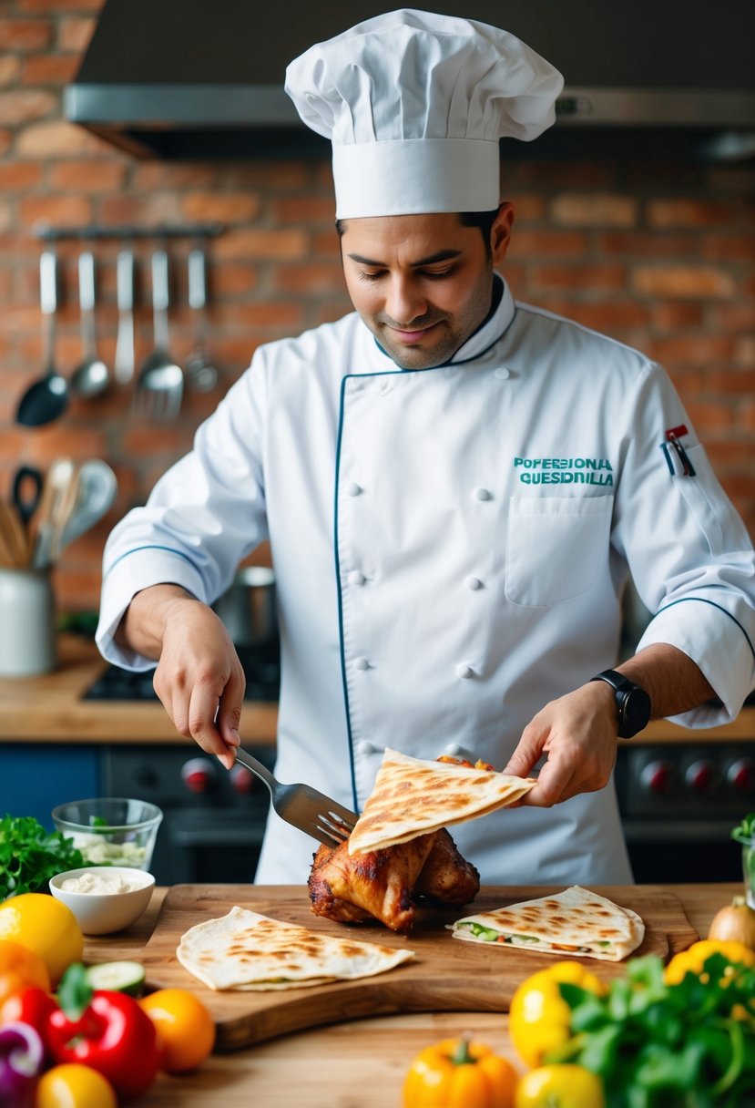 A chef prepares chicken quesadillas with rotisserie chicken, surrounded by colorful ingredients and cooking utensils