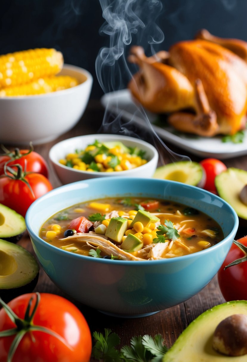 A steaming bowl of chicken tortilla soup surrounded by colorful ingredients like corn, tomatoes, and avocado, with a rotisserie chicken in the background