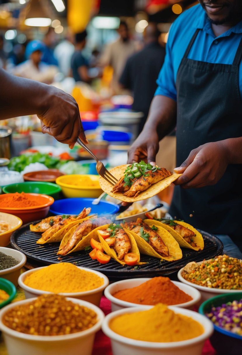 A vibrant Jamaican market stall with sizzling jerk fish tacos being prepared amidst a colorful array of spices and ingredients