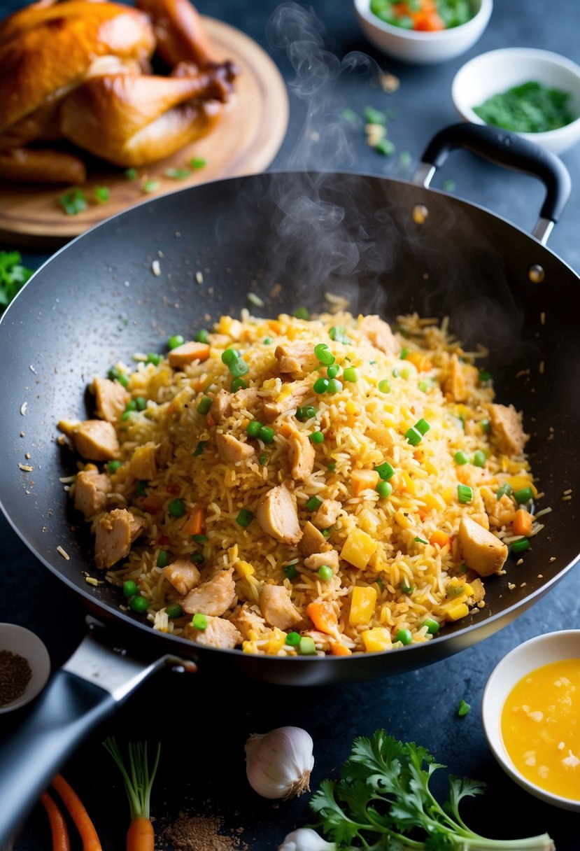 A steaming wok filled with chicken fried rice, surrounded by scattered ingredients like rotisserie chicken, vegetables, and seasonings