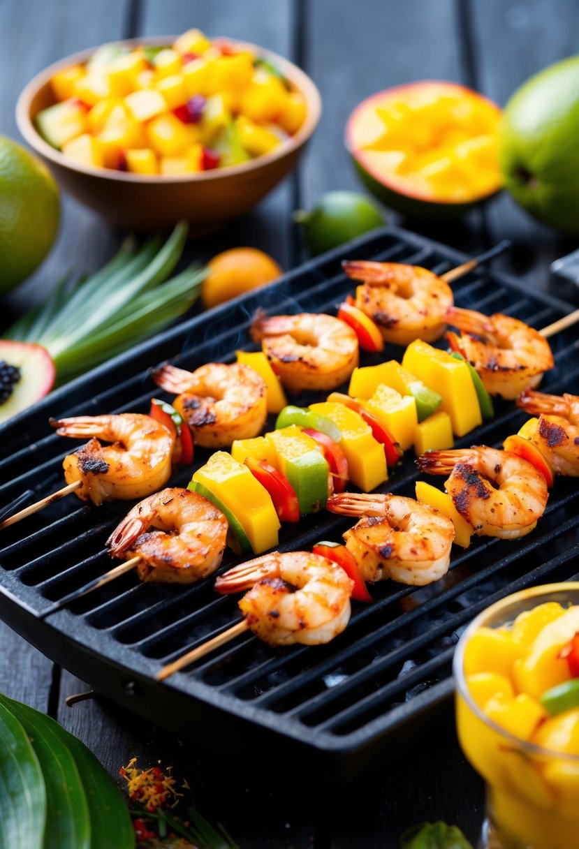 A sizzling grill with skewers of spicy jerk shrimp topped with vibrant mango salsa, surrounded by tropical fruits and spices