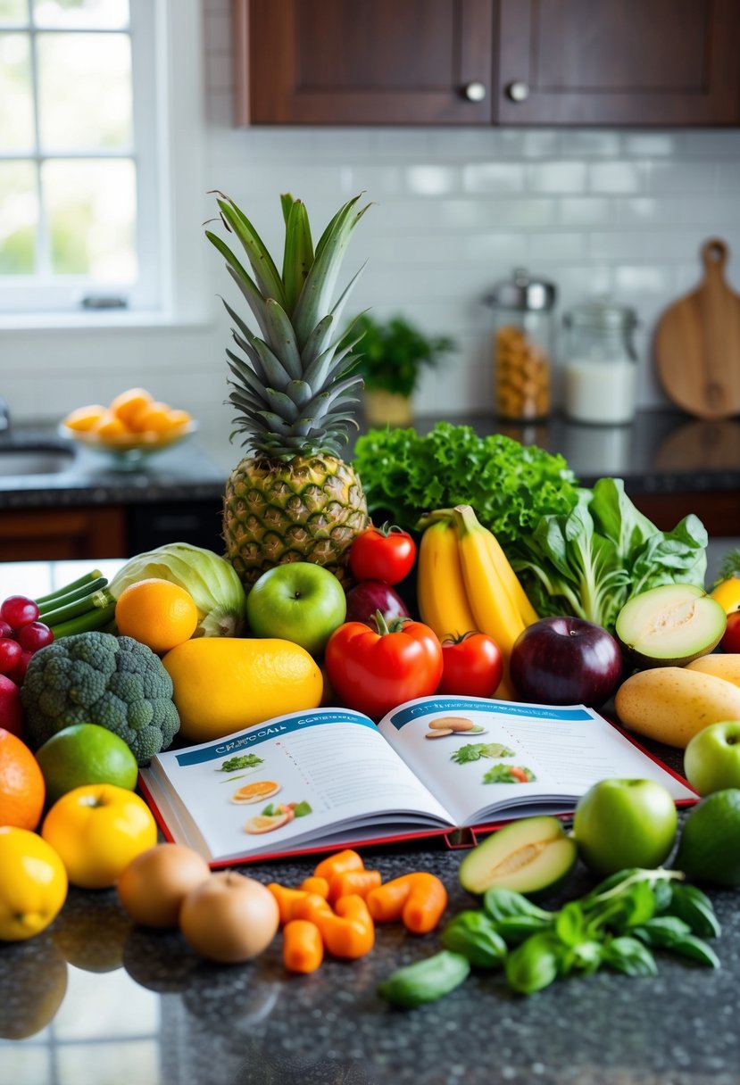 A colorful array of fresh fruits, vegetables, and lean proteins arranged on a kitchen counter, with a cookbook open to a page of diabetic-friendly recipes