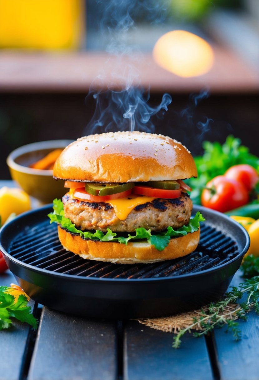 A sizzling Jamaican Jerk Turkey Burger on a grill, surrounded by vibrant spices and herbs from Jamaica