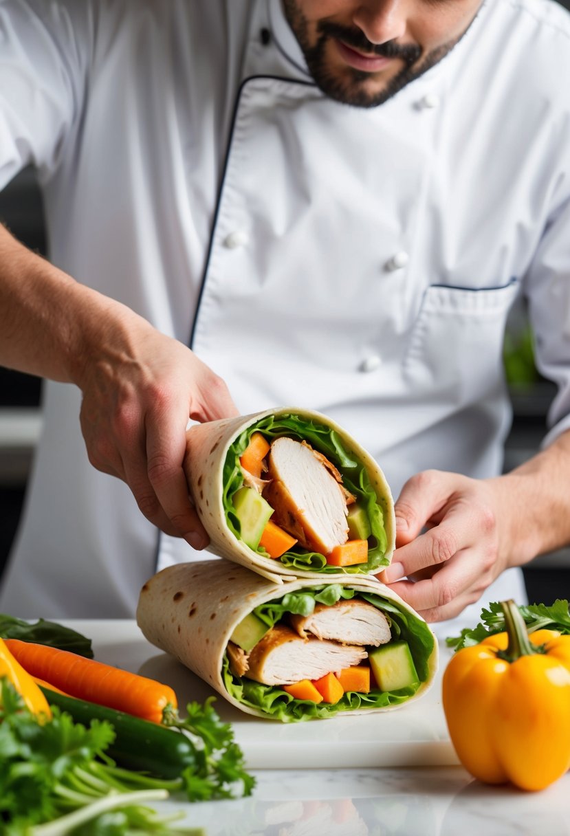 A chef assembling a chicken Caesar wrap with fresh vegetables and rotisserie chicken on a clean cutting board