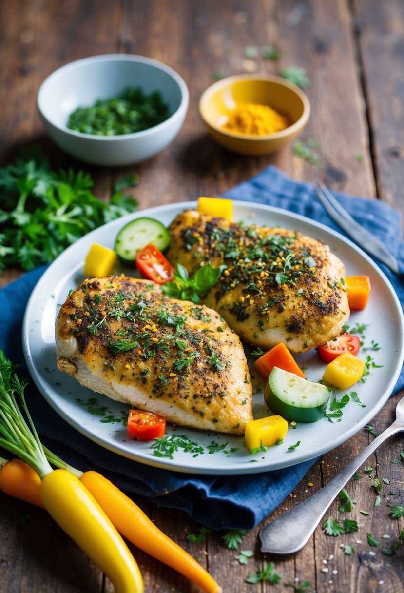 A platter of grilled herb-crusted chicken with colorful, fresh vegetables and a sprinkling of herbs on a rustic wooden table