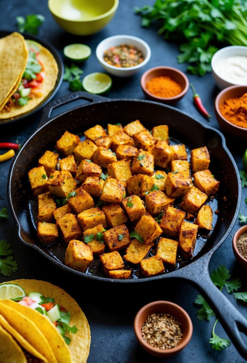 A sizzling skillet of jerk-seasoned jackfruit, surrounded by vibrant taco ingredients and Jamaican spices