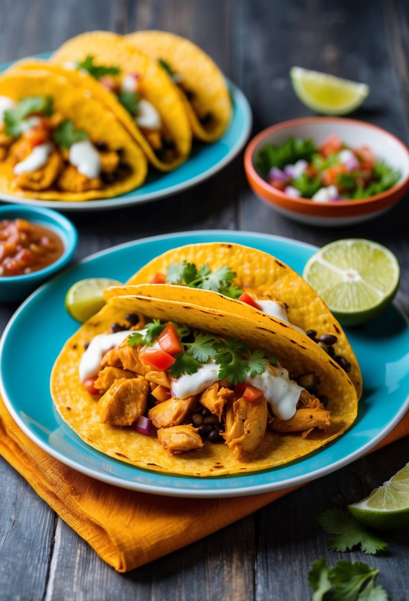 A colorful plate of chicken tacos with fresh toppings and a side of salsa