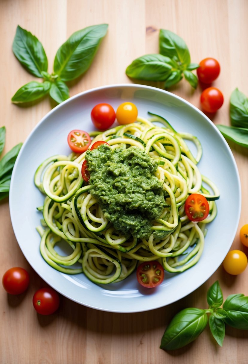 A colorful plate of zucchini noodles topped with vibrant green pesto, surrounded by fresh basil leaves and cherry tomatoes