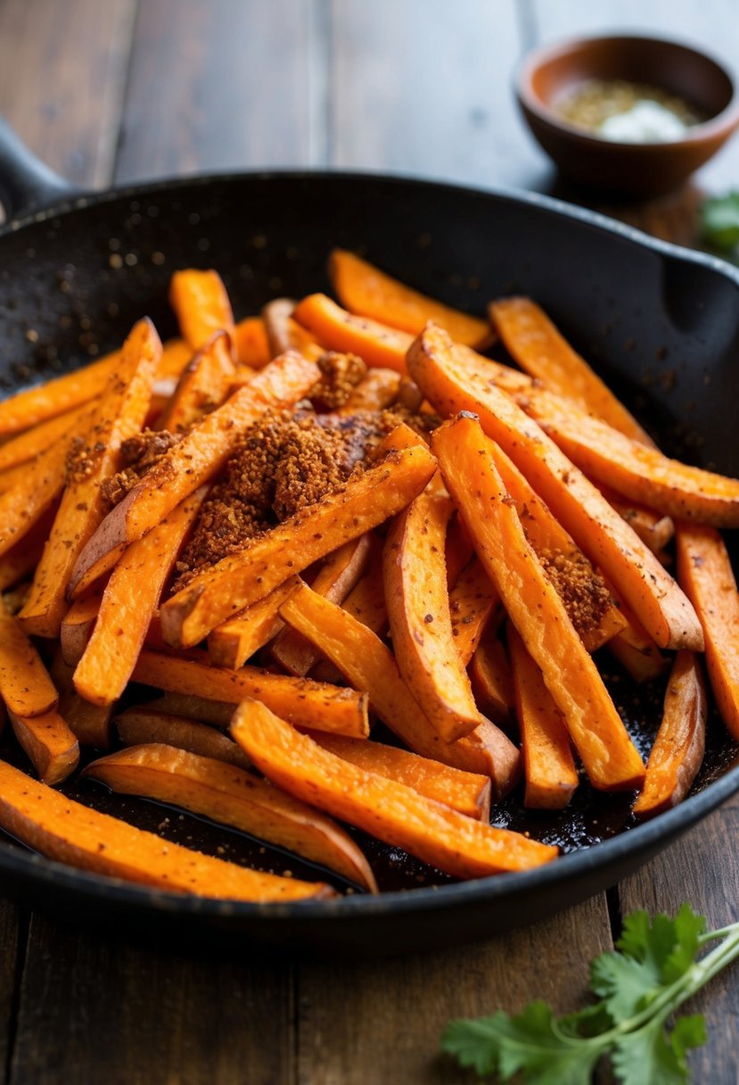 A sizzling skillet of sweet potato fries, coated in a spicy jerk seasoning, with a hint of Jamaican flair