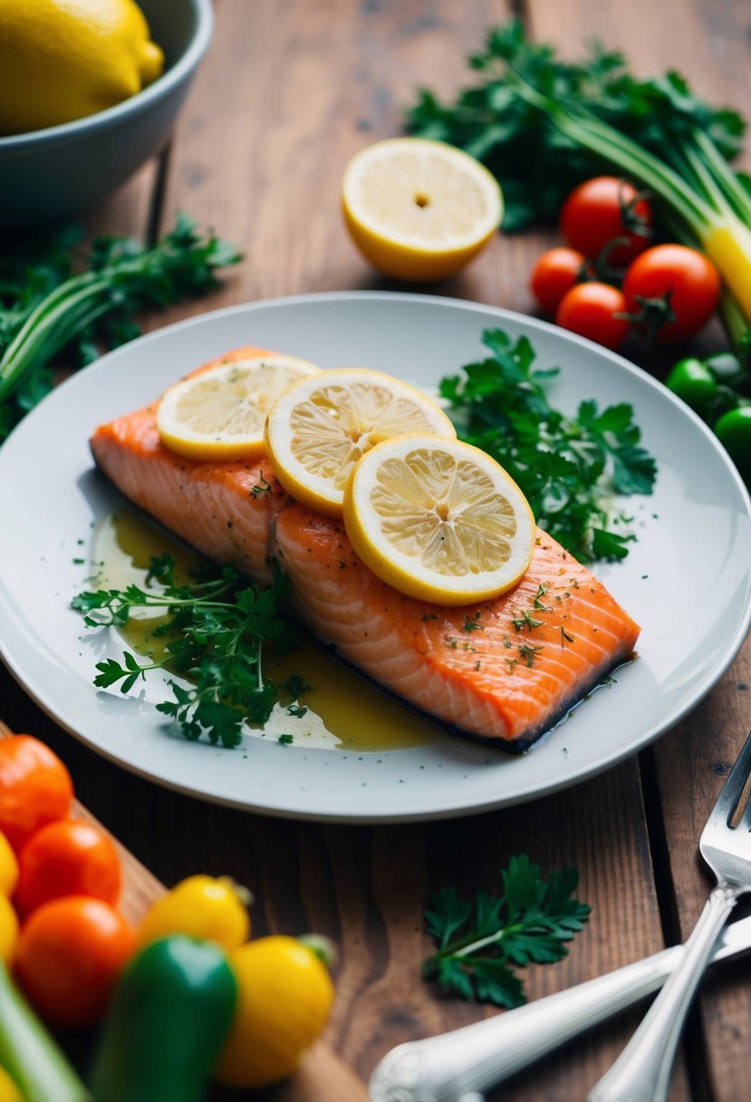 A plate of baked salmon with lemon slices, surrounded by colorful vegetables and herbs, on a wooden table