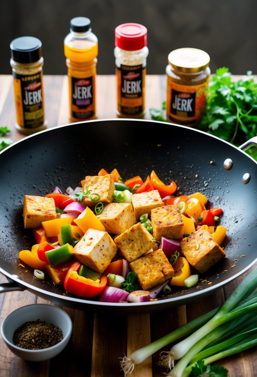 A sizzling wok filled with colorful chunks of jerk tofu, bell peppers, onions, and scallions, surrounded by bottles of jerk seasoning and fresh herbs