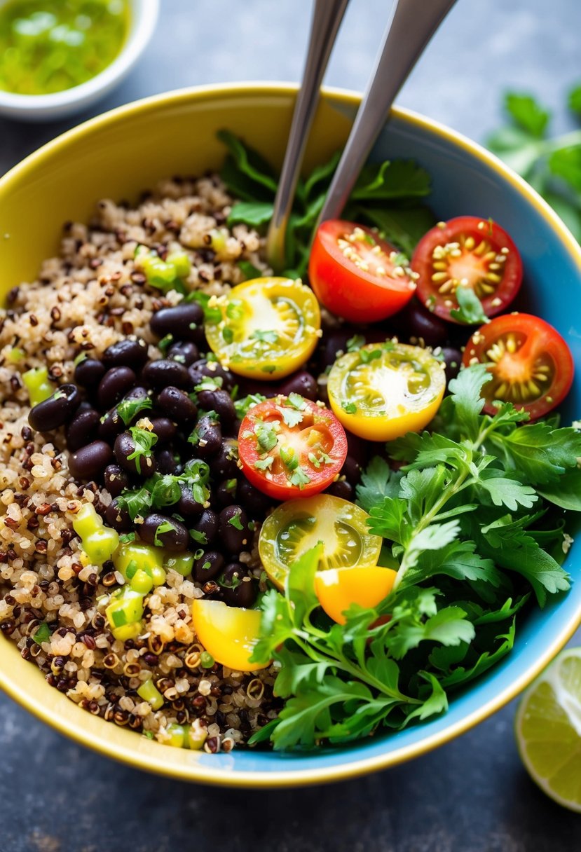 A colorful bowl filled with quinoa, black beans, cherry tomatoes, and fresh herbs, drizzled with a zesty vinaigrette