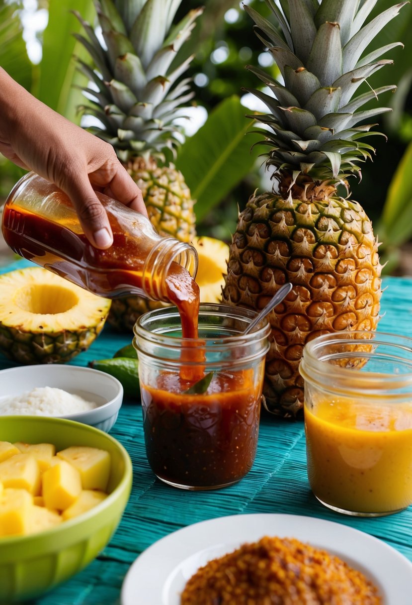 A tropical Jamaican scene with pineapples, BBQ sauce, and jerk spices being mixed together