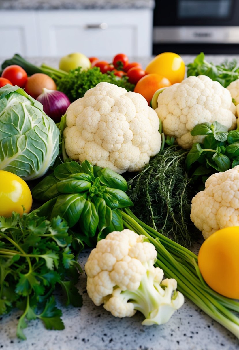 A colorful array of fresh cauliflower, herbs, and other ingredients arranged on a kitchen counter, ready to be used in a diabetic-friendly pizza crust recipe