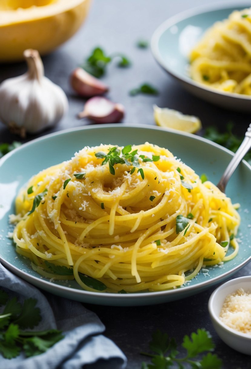 A steaming plate of spaghetti squash Alfredo surrounded by fresh ingredients like garlic, parmesan cheese, and herbs