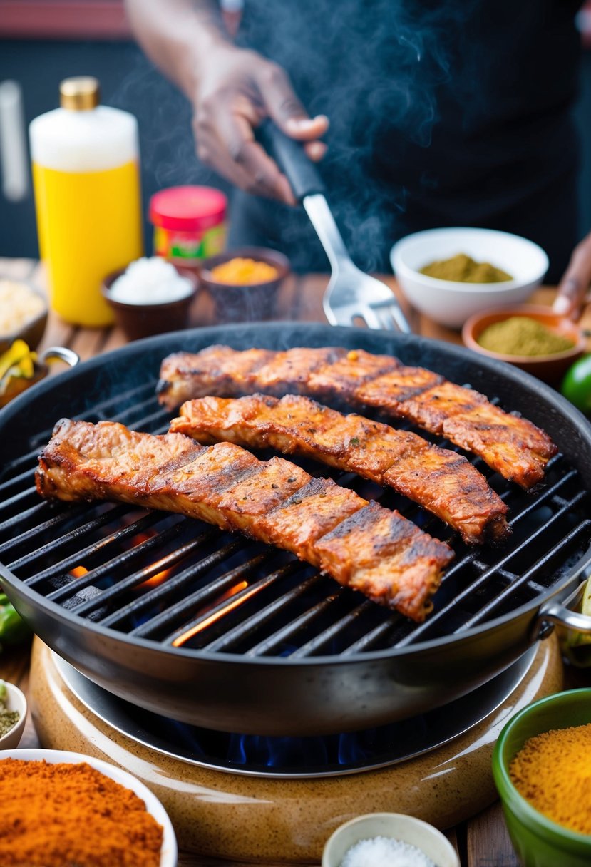 A sizzling grill with Jamaican jerk ribs, surrounded by traditional spices and ingredients from Jamaica