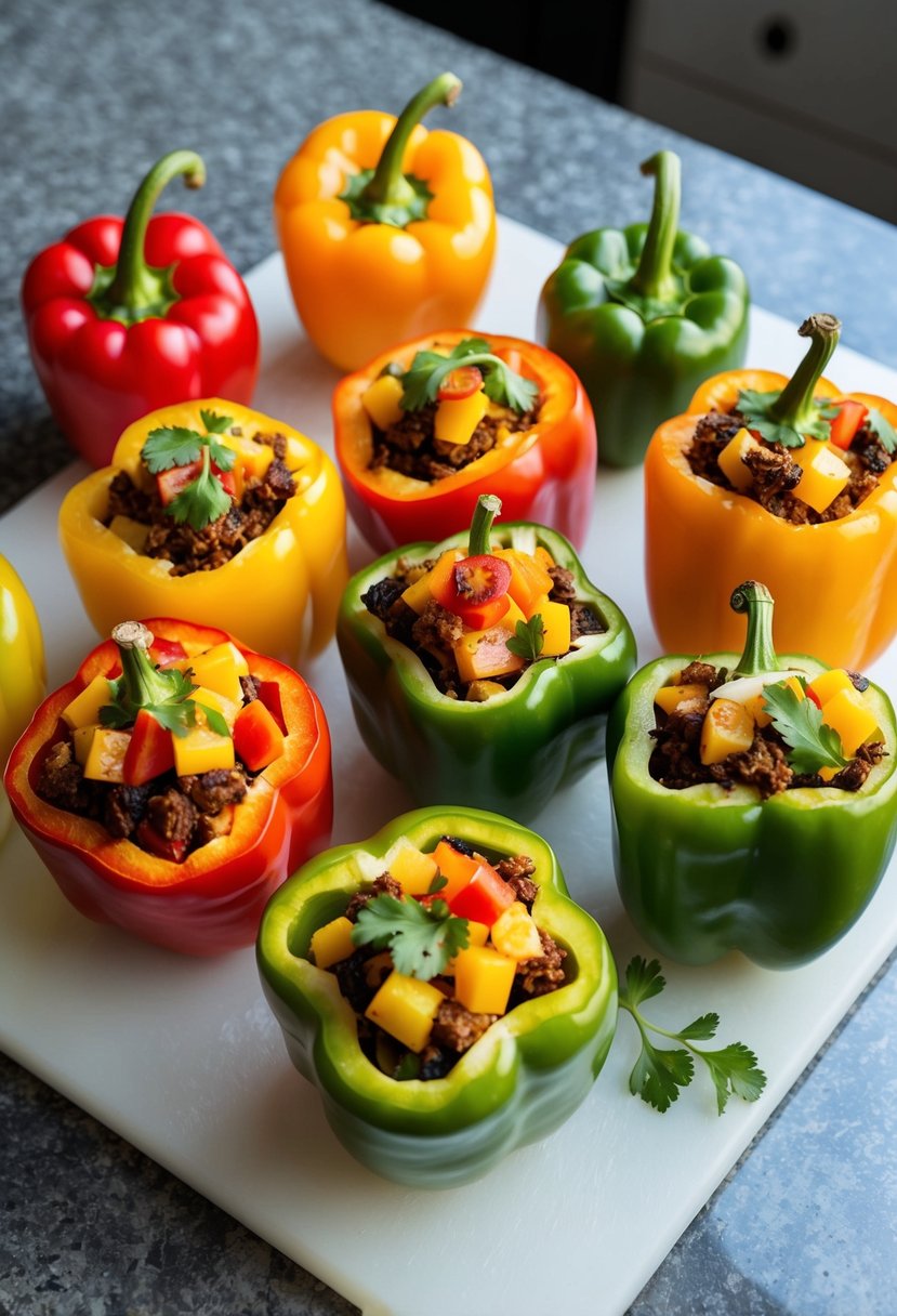 Fresh bell peppers stuffed with flavorful and colorful ingredients, arranged on a clean cutting board