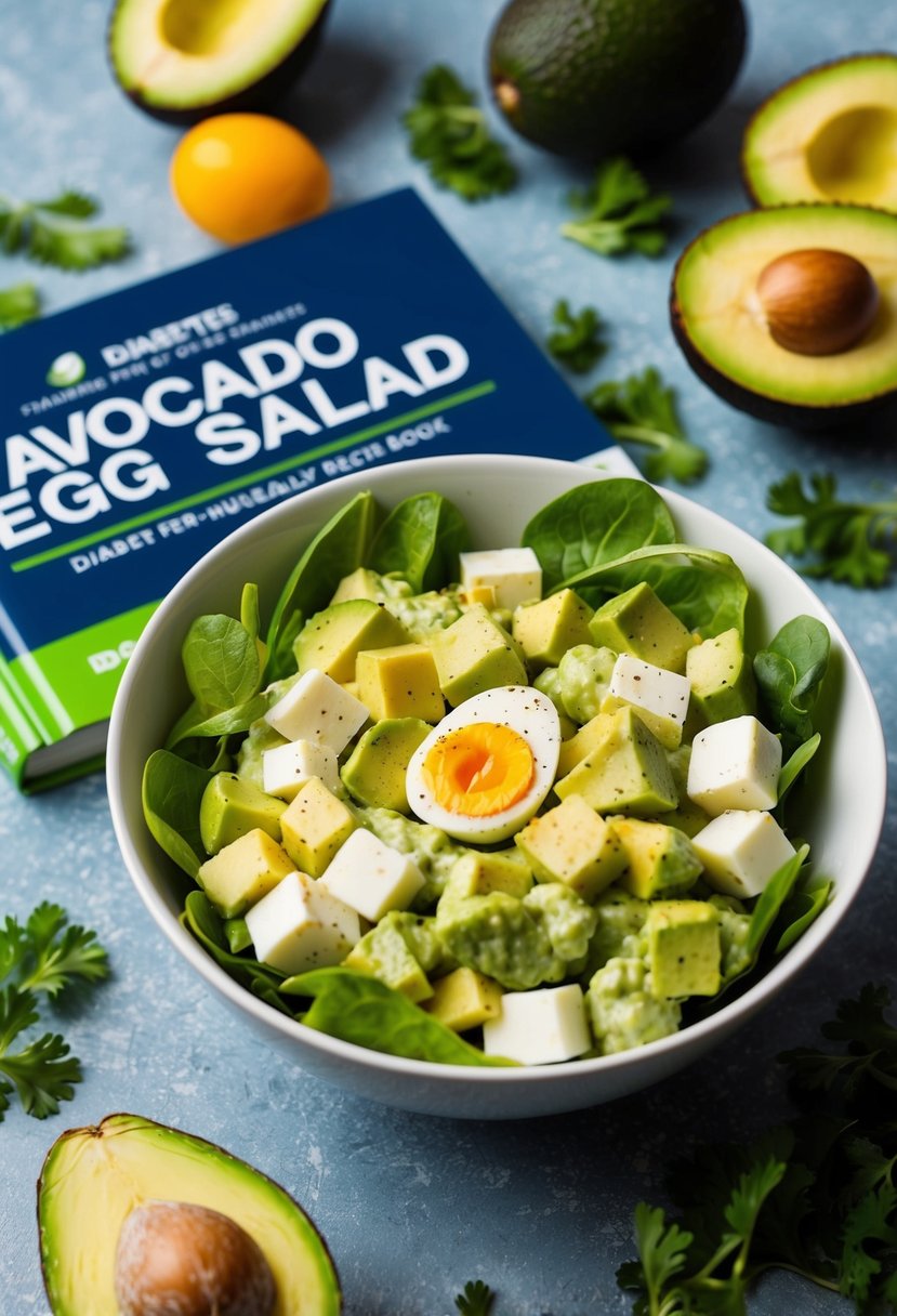 A bowl of avocado egg salad surrounded by fresh ingredients and a diabetes-friendly recipe book