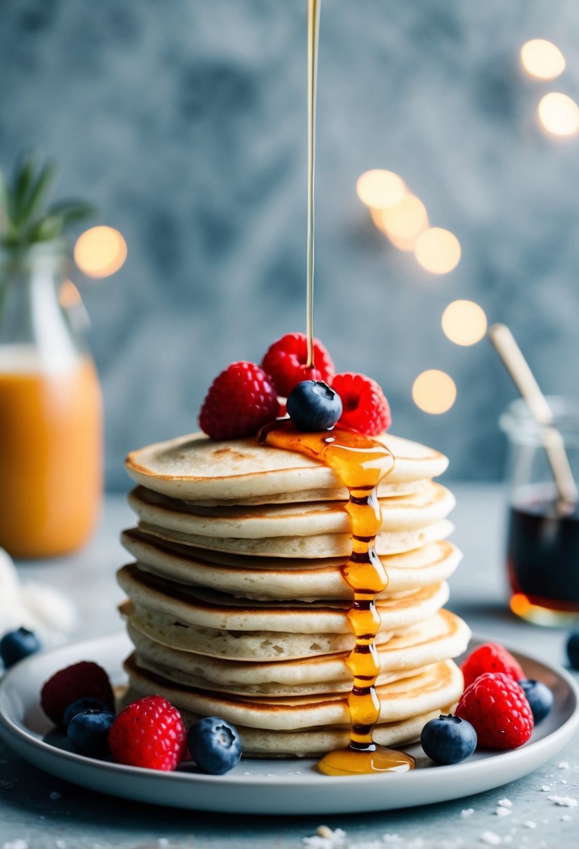 A stack of coconut flour pancakes with fresh berries and sugar-free syrup on a plate