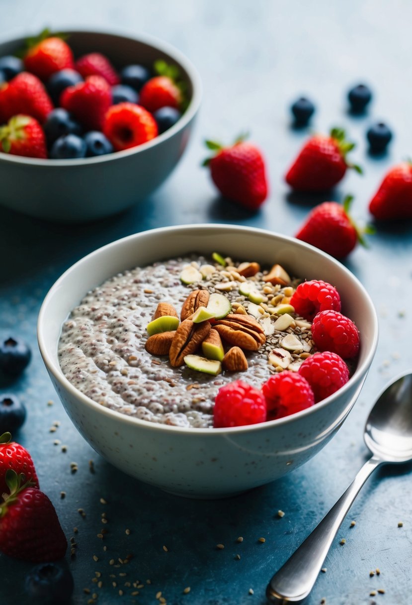 A bowl of chia seed pudding surrounded by fresh berries and a sprinkle of nuts, with a spoon resting on the side